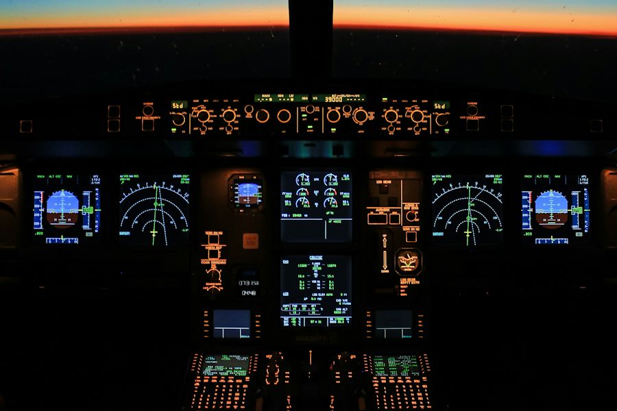 Airliner flight deck at night