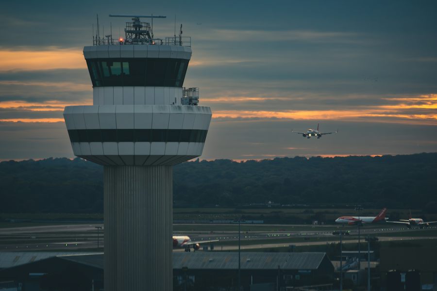 Air traffic control tower at dusk