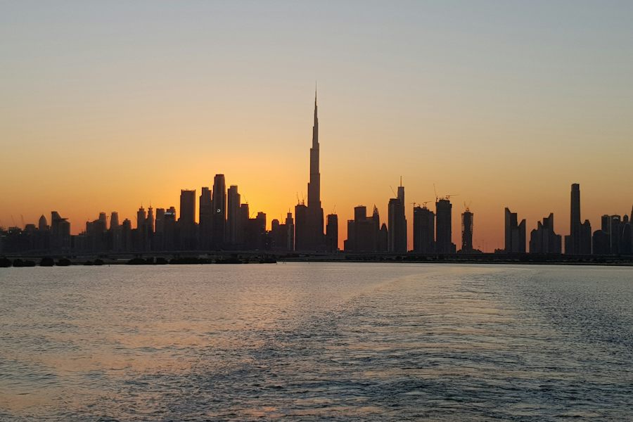 City skyline in the United Arab Emirates at sunset